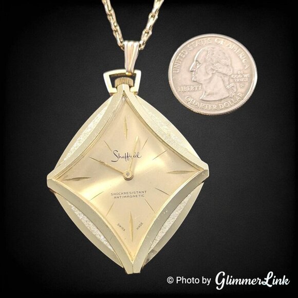 Vintage Sheffield Swiss Made Gold Tone Diamond Shape Pendant Watch Necklace - Picture 5 of 10